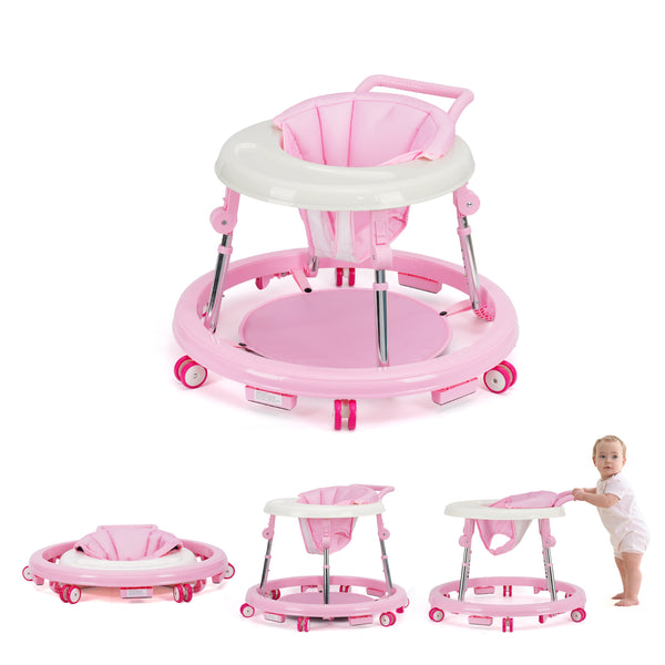 kmaier Baby Walker, Foldable, 9 Adjustable Heights, for 7-18 Months, Portable Anti-Rolling Baby Walker with Wheels - Pink