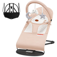 kmaier Baby Bouncer, Portable Baby Bouncer Seat for Babies 0-18 Months, 100% Cotton Fabrics, 3 Modes of use with Rocker and Stationary Options, Infant Rocker Chair with Hanging Toys-Organic Oat