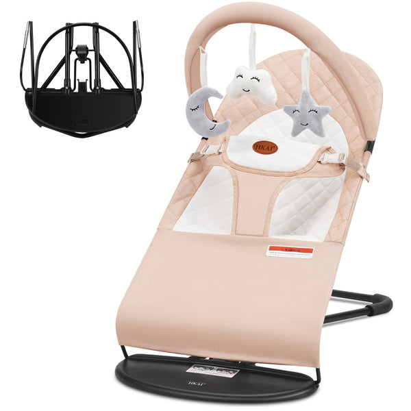 kmaier Baby Bouncer, Portable Baby Bouncer Seat for Babies 0-18 Months, 100% Cotton Fabrics, 3 Modes of use with Rocker and Stationary Options, Infant Rocker Chair with Hanging Toys-Organic Oat