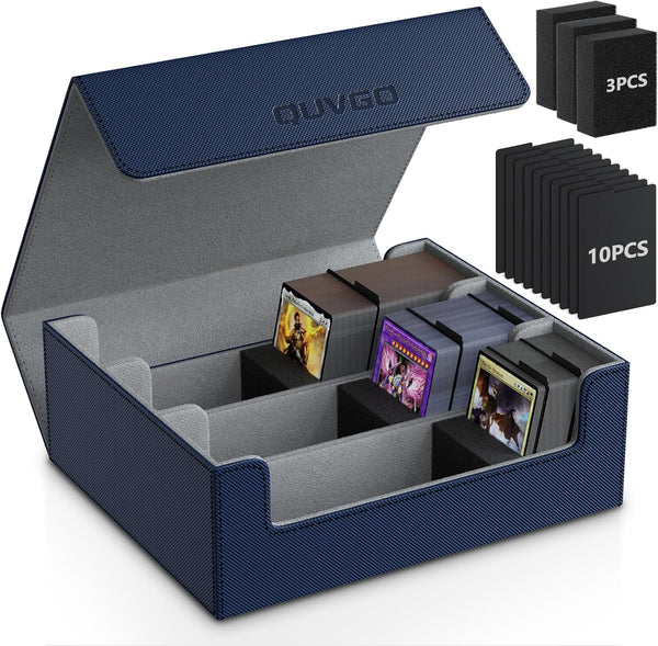 QUVGO Trading Card Storage Box for 1800+, Leather Storage Box with Strong Closure, Card Box with 10 Dividers and 3 Foam Stoppers, Commander Deck Box Fit YuGiOh, MTG and Sport Cards, Navy Blue
