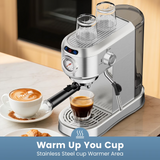 SUDILO 20 Bar Espresso Machine with Steam Milk Frother, Compact Professional for Home Office & Small Spaces, Stainless Steel, 34oz Removable Tank, Makes Latte Cappuccino, Silver