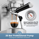 SUDILO 20 Bar Espresso Machine with Steam Milk Frother, Compact Professional for Home Office & Small Spaces, Stainless Steel, 34oz Removable Tank, Makes Latte Cappuccino, Silver