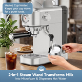 SUDILO 20 Bar Espresso Machine with Steam Milk Frother, Compact Professional for Home Office & Small Spaces, Stainless Steel, 34oz Removable Tank, Makes Latte Cappuccino, Silver