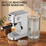 SUDILO 20 Bar Espresso Machine with Steam Milk Frother, Compact Professional for Home Office & Small Spaces, Stainless Steel, 34oz Removable Tank, Makes Latte Cappuccino, Silver