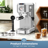 SUDILO 20 Bar Espresso Machine with Steam Milk Frother, Compact Professional for Home Office & Small Spaces, Stainless Steel, 34oz Removable Tank, Makes Latte Cappuccino, Silver
