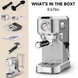 SUDILO 20 Bar Espresso Machine with Steam Milk Frother, Compact Professional for Home Office & Small Spaces, Stainless Steel, 34oz Removable Tank, Makes Latte Cappuccino, Silver