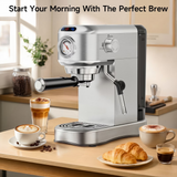 SUDILO 20 Bar Espresso Machine with Steam Milk Frother, Compact Professional for Home Office & Small Spaces, Stainless Steel, 34oz Removable Tank, Makes Latte Cappuccino, Silver