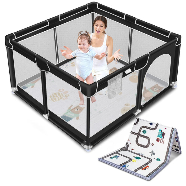kmaier Baby Playpen with Anti-Slip Mat for Indoor and Outdoor Playard Kids Activity Center with Gate, Portable Baby Fence Area for Babies and Toddlers, Black