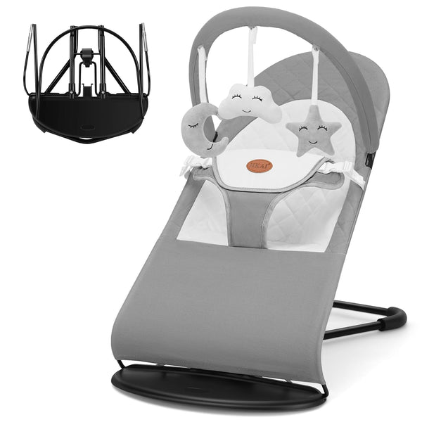 kmaier Baby Bouncer, Portable Baby Bouncer Seat for Babies 0-18 Months, 100% Cotton Fabrics, 3 Modes of use with Rocker and Stationary Options, Infant Rocker Chair with Hanging Toys-Light Grey