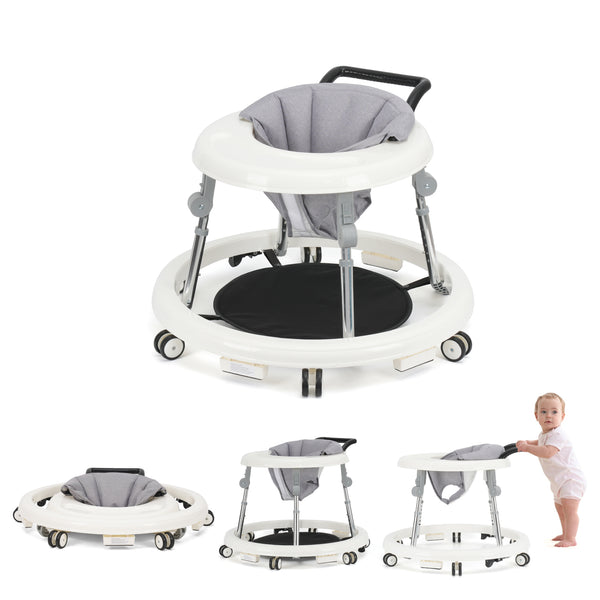 kmaier Baby Walker, Foldable, 9 Adjustable Heights, for 7-18 Months, Portable Anti-Rolling Baby Walker with Wheels-White
