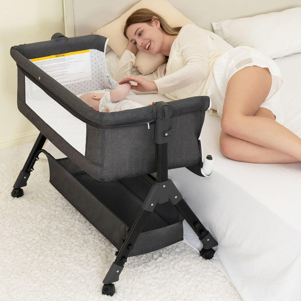 kmaier Baby Bassinet Sleeper, Adjustable Baby Crib for Baby, Rocking Bassinets Bedside Sleeper, Easy to Fold Portable Crib Side Bassinet with Wheels and Storage Basket-Dark Gray