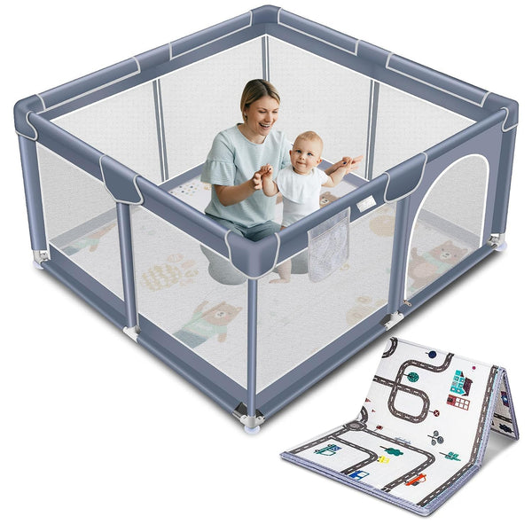 kmaier Baby Playpen with Anti-Slip Mat for Indoor and Outdoor Playard Kids Activity Center with Gate, Portable Baby Fence Area for Babies and Toddlers,Gray
