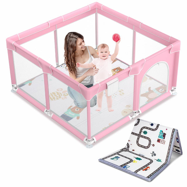 kmaier Baby Playpen with Anti-Slip Mat for Indoor and Outdoor Playard Kids Activity Center with Gate, Portable Baby Fence Area for Babies and Toddlers,Pink