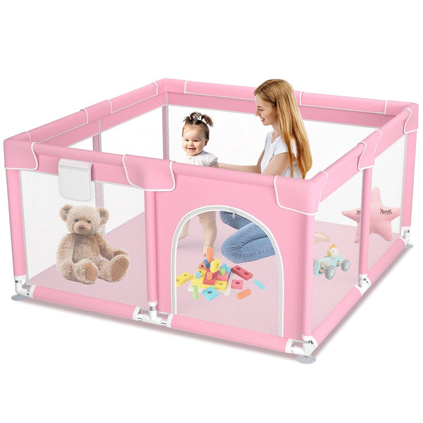 kmaier Baby Playpen, Large Travel Fence , 360° Visibility Baby Playpen,for Toddler-Pink