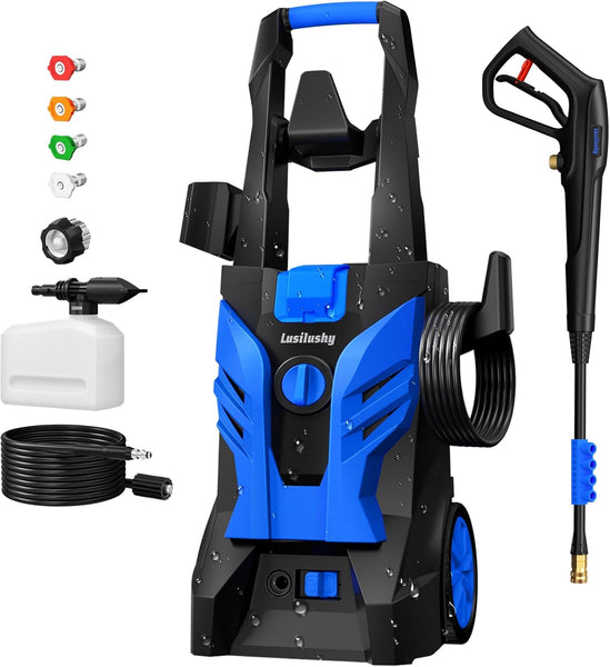 Lusilushy Electric Pressure Washer, Power Washer with Foam Cannon, Portable Pressure Cleaning Machine with 4 Different Nozzles for Cars, Driveways, Fences, Patios, Home Cleaning, 2.5 GPM