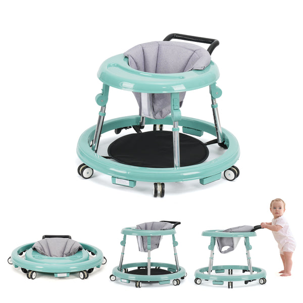 kmaier Baby Walker, Foldable, 9 Adjustable Heights, for 7-18 Months, Portable Anti-Rolling Baby Walker with Wheels-Green