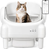 DOJOAO Self Cleaning Litter Box,Open Top Automatic Litter Box with App Control for Multiple Cats, Safety Sensors Protection, Odor Control Includes 2 roll Liners,Large Waste Bin, Cream White
