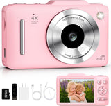 QUIOF Digital Camera 4K for Kids-48MP Autofocus Vlogging Camera with 32GB Card, 16X Zoom, Anti-Shake, Compact Point and Shoot Camera for Teens Beginners, Birthday Gift Pink