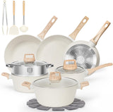 Soday 17 Pcs Pots and Pans Set Non Stick Kitchen Cookware Sets Granite Cooking Tools with Stay-Cool Handles Silicone Tools, Pot Protectors,White