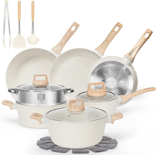 Soday 17 Pcs Pots and Pans Set Non Stick Kitchen Cookware Sets Granite Cooking Tools with Stay-Cool Handles Silicone Tools, Pot Protectors,White