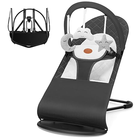 kmaier Baby Bouncer, Portable Baby Bouncer Seat for Babies 0-18 Months, 100% Cotton Fabrics, 3 Modes of use with Rocker and Stationary Options, Infant Rocker Chair with Hanging Toys,Dark Grey