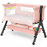 NIRGU Infant Bassinet Crib,Single-sided Detachable 3 Adjustable-Height Bedside Beds Foldable Baby Crib,for 0-18 Months-Pink