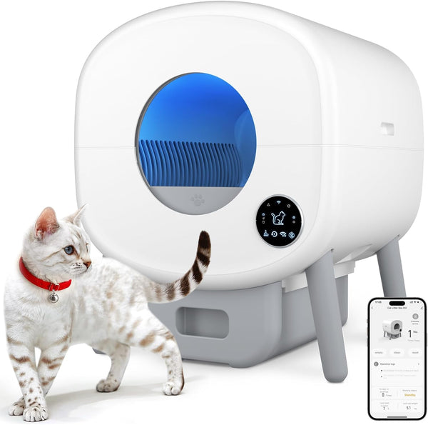 Cumrige Self Cleaning Litter Box, 95 L Automatic Cat Litter Box Self Cleaning for Multiple Cats, with Safety Protection, App Control,1 Roll Garbage Bags,White & Grey
