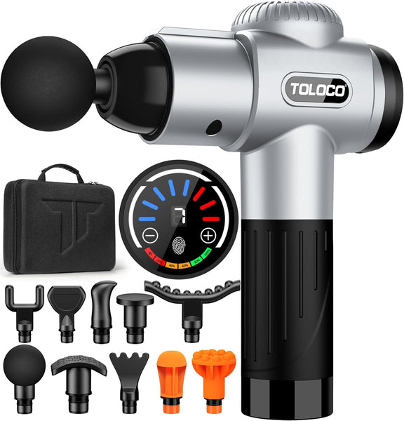 Massage Gun, Deep Tissue Back Massage for Athletes for Pain Relief, Percussion Massager with 10 Massages Heads & Silent Brushless Motor, Silver