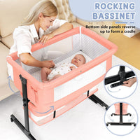 kmaier Foldable Portable Baby Bassinet Bedside Crib with Adjustable Height, Wheels, and Storage Basket,Pink