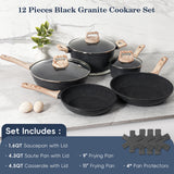 SODAY 12 Pcs Pots and Pans Set Non Stick, Cookware Sets Black Granite Induction Cookware, Non-toxic Healthy Nonstick Kitchen Cooking Set with Frying Pans Set, Saucepans (PFAS/ PFOA/ PFOS Free)