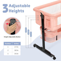 kmaier Foldable Portable Baby Bassinet Bedside Crib with Adjustable Height, Wheels, and Storage Basket,Pink