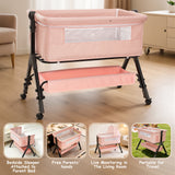NIRGU Infant Bassinet Crib,Single-sided Detachable 3 Adjustable-Height Bedside Beds Foldable Baby Crib,for 0-18 Months-Pink