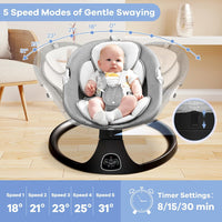 kmaier Baby Bouncer, 5 Speeds, 10 Lullabies, Adapter and Battery Powered, Indoor and Outdoor Use, Gray