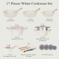 Soday 17 Pcs Pots and Pans Set Non Stick Kitchen Cookware Sets Granite Cooking Tools with Stay-Cool Handles Silicone Tools, Pot Protectors,White