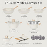 Soday 17 Pcs Pots and Pans Set Non Stick Kitchen Cookware Sets Granite Cooking Tools with Stay-Cool Handles Silicone Tools, Pot Protectors,White