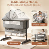 NIRGU Baby Bassinet, 3-Level Adjustable Height with Wheels & Storage Basket, Breathable Mosquito Net,for Newborns and Infants,Light Gray