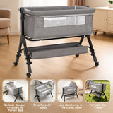 NIRGU Infant Bassinet Crib,Single-sided Detachable 3 Adjustable-Height Bedside Beds Foldable Baby Crib,for 0-18 Months-Light Gray