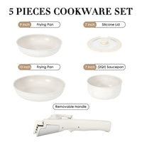 SODAY 5PCS Pot & Pans Set, Non-Stick Kitchen Cookware Set, Compatible with All Cooktops & RVs, Double Locking Detachable Handle - White