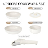 SODAY 5PCS Pot & Pans Set, Non-Stick Kitchen Cookware Set, Compatible with All Cooktops & RVs, Double Locking Detachable Handle - White