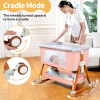 kmaier Baby Bassinet Sleeper, 6-Section Height Adjustable Crib, Foldable Portable Crib Side Sleeper with Wheels - Pink