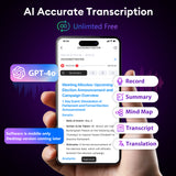 AI Voice Recorder, Note Voice Recorder Free Transcribe & Summarize with App Control, Support 152 Languages, 64GB Memory, Audio Recorder for Lectures, Meetings, Calls, Black