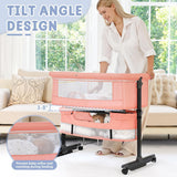 kmaier Foldable Portable Baby Bassinet Bedside Crib with Adjustable Height, Wheels, and Storage Basket,Pink