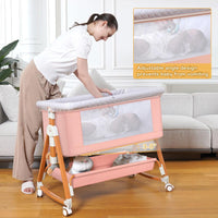 kmaier Baby Bassinet Sleeper, 6-Section Height Adjustable Crib, Foldable Portable Crib Side Sleeper with Wheels - Pink