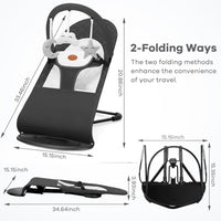 kmaier Baby Bouncer, Portable Baby Bouncer Seat for Babies 0-18 Months, 100% Cotton Fabrics, 3 Modes of use with Rocker and Stationary Options, Infant Rocker Chair with Hanging Toys,Dark Grey