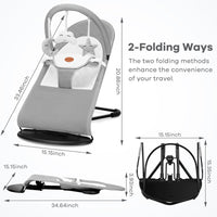 kmaier Baby Bouncer, Portable Baby Bouncer Seat for Babies 0-18 Months, 100% Cotton Fabrics, 3 Modes of use with Rocker and Stationary Options, Infant Rocker Chair with Hanging Toys-Light Grey