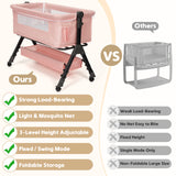 NIRGU Infant Bassinet Crib,Single-sided Detachable 3 Adjustable-Height Bedside Beds Foldable Baby Crib,for 0-18 Months-Pink