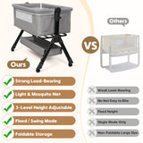 NIRGU Infant Bassinet Crib,Single-sided Detachable 3 Adjustable-Height Bedside Beds Foldable Baby Crib,for 0-18 Months-Light Gray