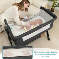 kmaier Baby Bassinet Sleeper, Adjustable Baby Crib for Baby, Rocking Bassinets Bedside Sleeper, Easy to Fold Portable Crib Side Bassinet with Wheels and Storage Basket-Dark Gray