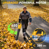 YOOVL Leaf Blower Cordless 650CFM Electric Leaf Blowers with 2 x 5.2Ah Batteries and Charger, 3 Speed Modes, 1 x Adjustable Shoulder Strap, Powerful Blowers for Lawn Care, Patio, Dust, Blowing Leaves Yellow