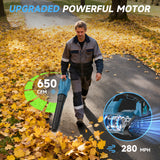 YOOVL Leaf Blower Cordless,  650CFM Electric Leaf Blowers with 2 x 5.2Ah Batteries and Charger, 3 Speed Modes, 1 x Adjustable Shoulder Strap, Powerful Blowers for Lawn Care, Patio, Dust, Blowing Leaves Blue